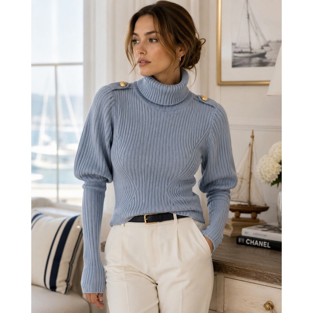No Name Blue Cashmere Turtleneck Sweater  Gold Button Nautical Military Sz XS